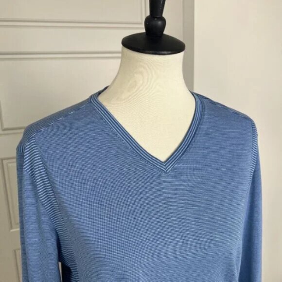 Calvin Klein Long Sleeve V-Neck 100% Cotton‎ Tee Blue Striped Quality Basic Sz M - Picture 4 of 7